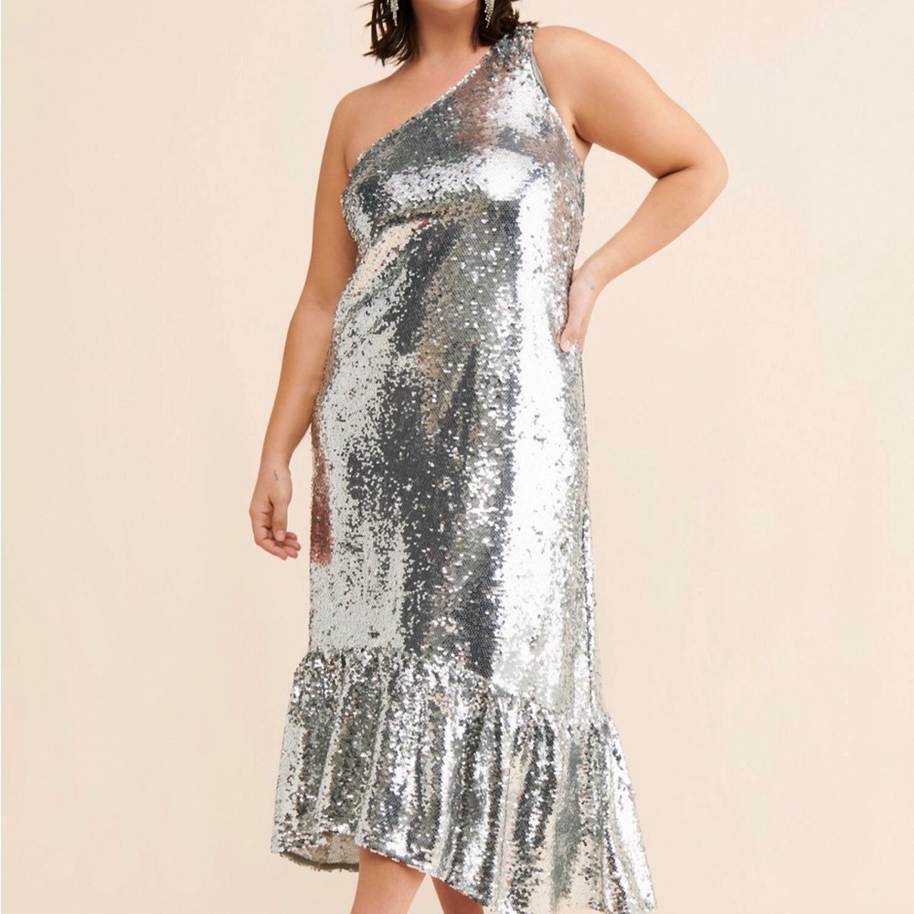 Anthropologie Maeve | Silver Sequin One-Shoulder Dress